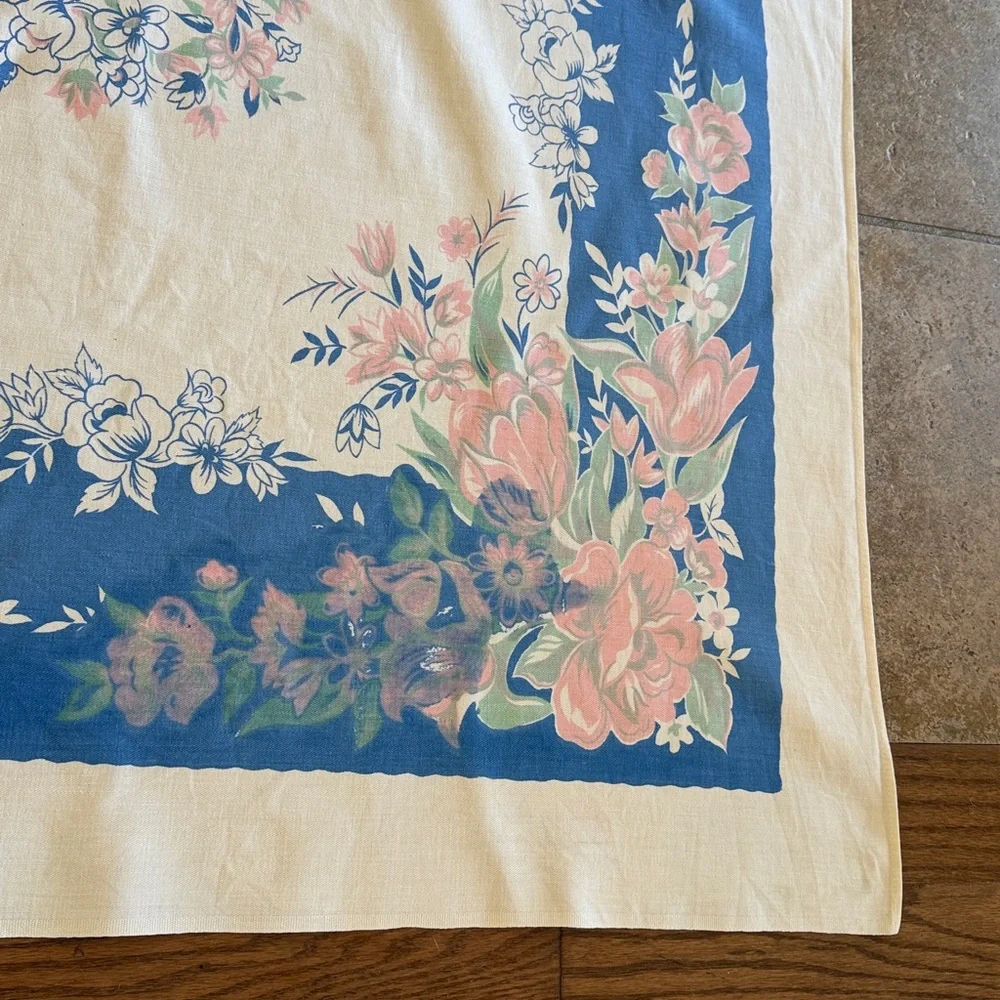 Vintage 1950’s Floral 51x45 Tablecloth. Pink | Blue Cottagecore | Simple Classic
